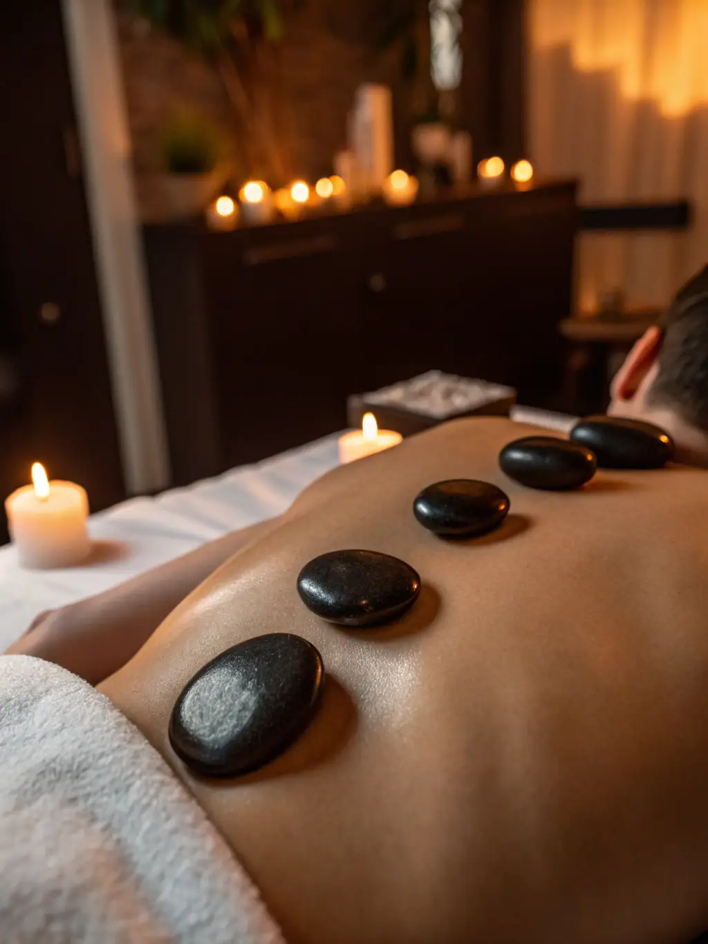 A close-up shot of hot stones placed on a person's back during a hot stone massage, highlighting the warmth and therapeutic benefits at Martha Beauty Studio.