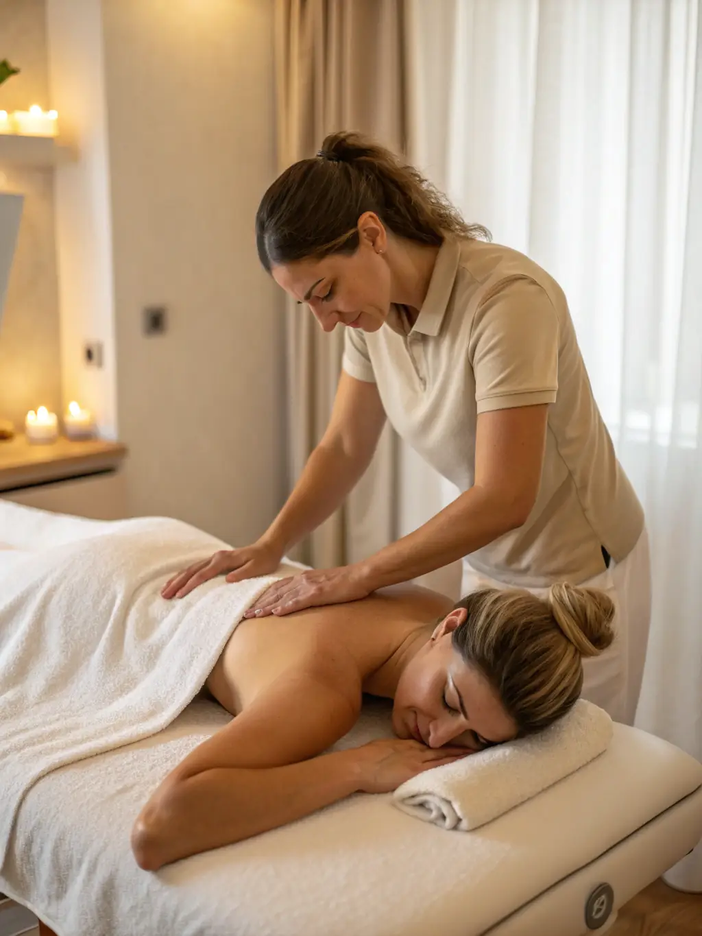 An image depicting a therapist performing a deep tissue massage, emphasizing the focus on deeper muscle layers and targeted relief at Martha Beauty Studio.