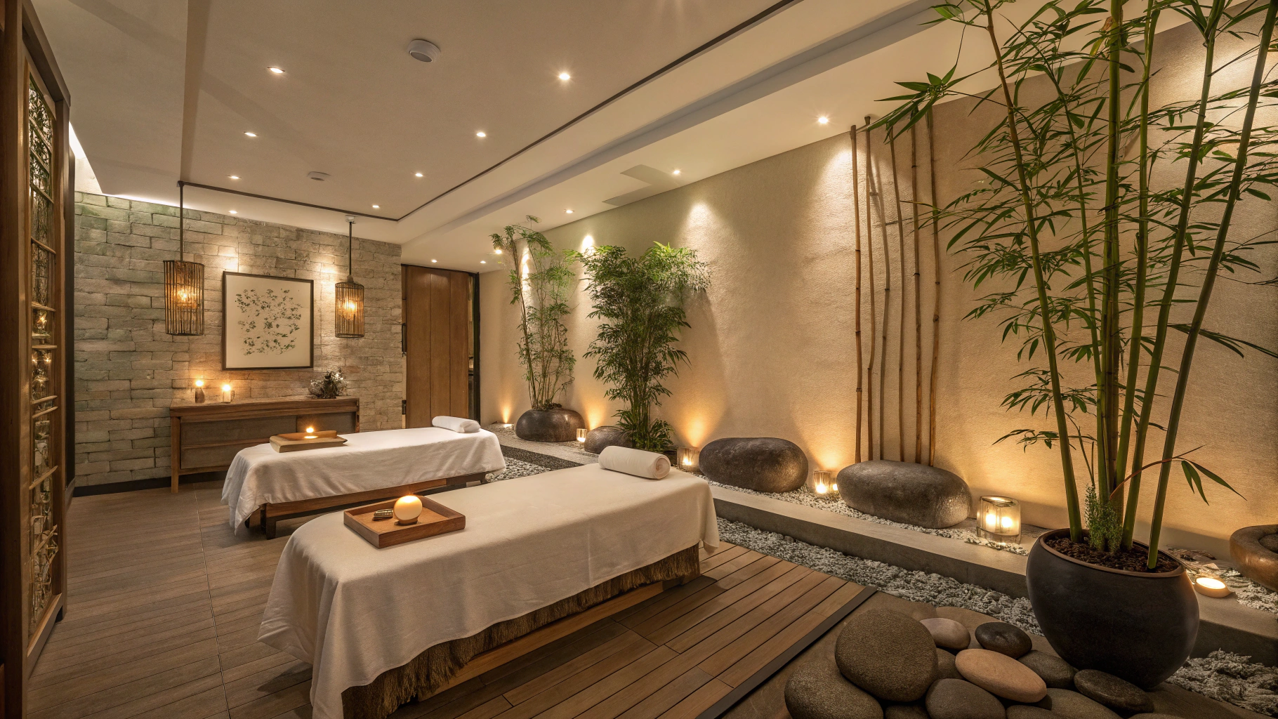A serene spa environment with soft lighting and organic textures