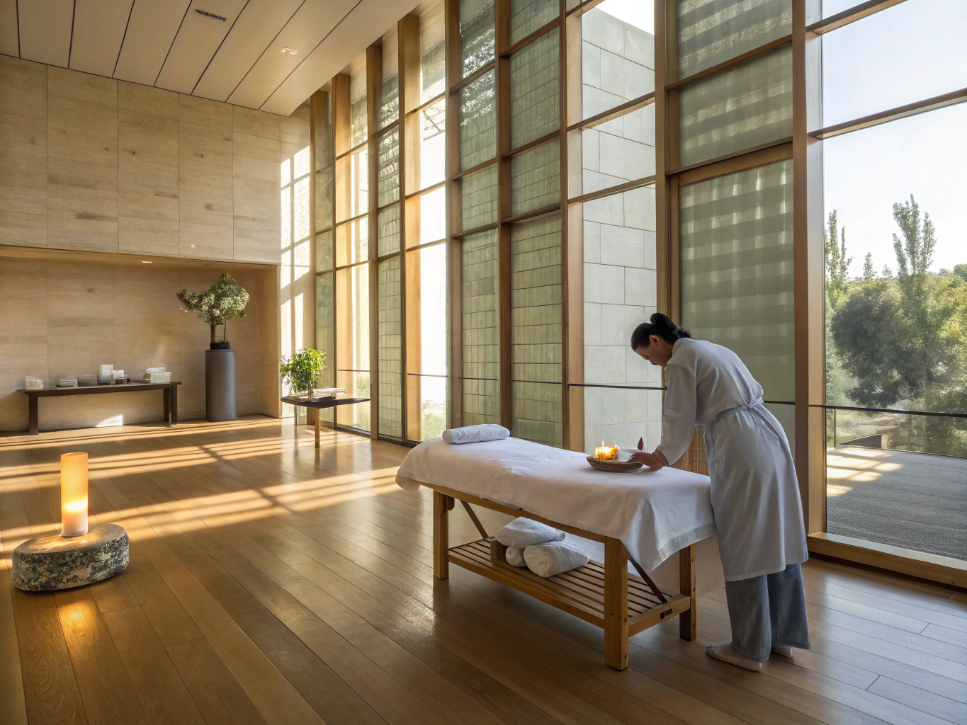 Minimalist spa interior with soft lighting and organic textures